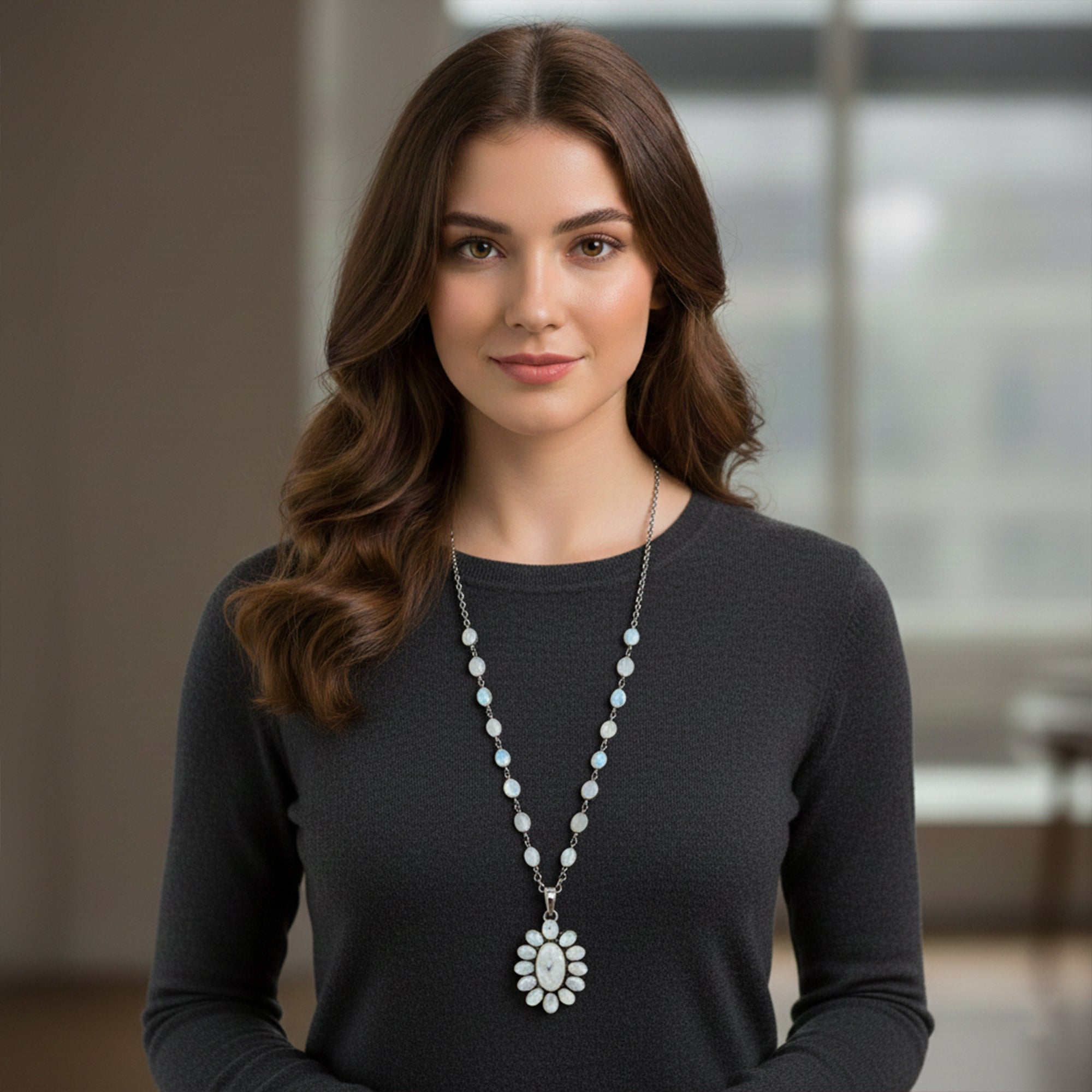 Moonstone Flower Pendant Necklace